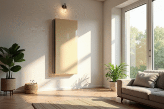 Salon moderne avec chauffage électrique mural et lumière naturelle