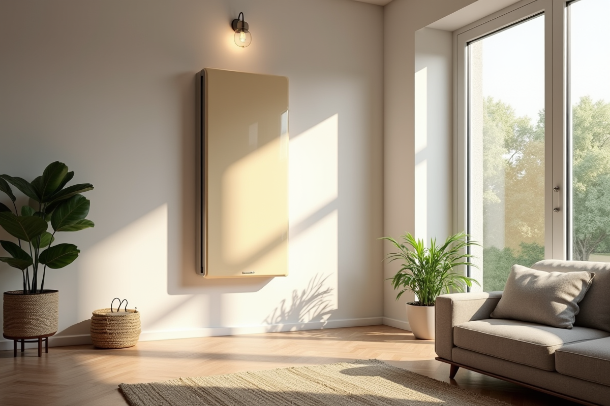 Salon moderne avec chauffage électrique mural et lumière naturelle