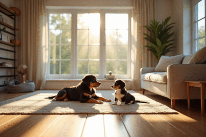 Salon moderne avec espace pour chiot Bernese