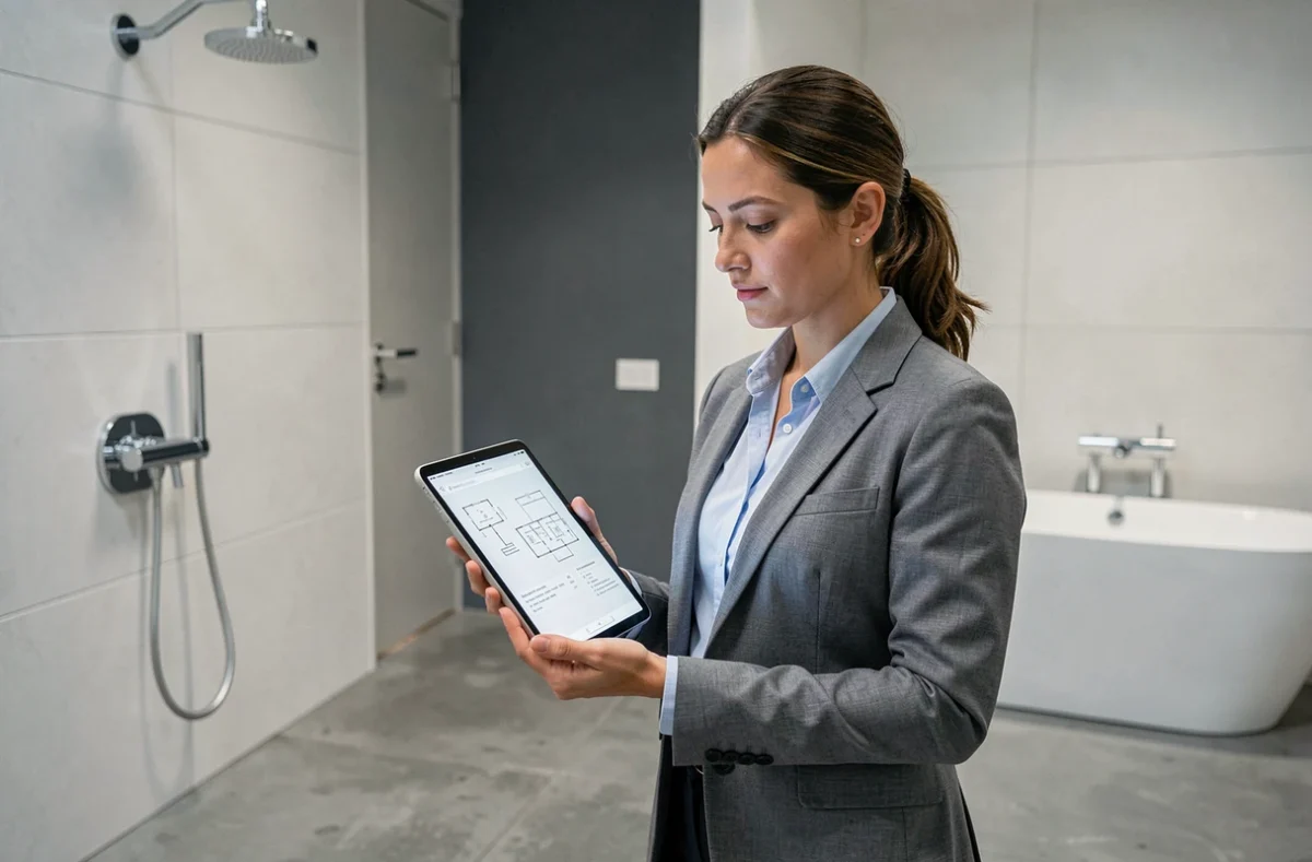 Responsable de Sasu Batelori consultant des schémas de plomberie sur tablette dans un showroom de salle de bain