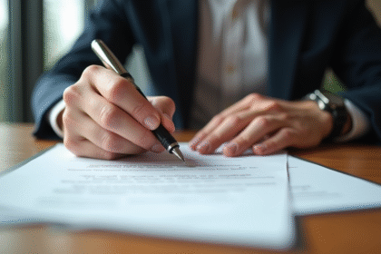 Main signant un contrat légal avec stylo sur bureau en bois