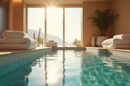Spa privé intérieur avec piscine chauffée et lumière naturelle