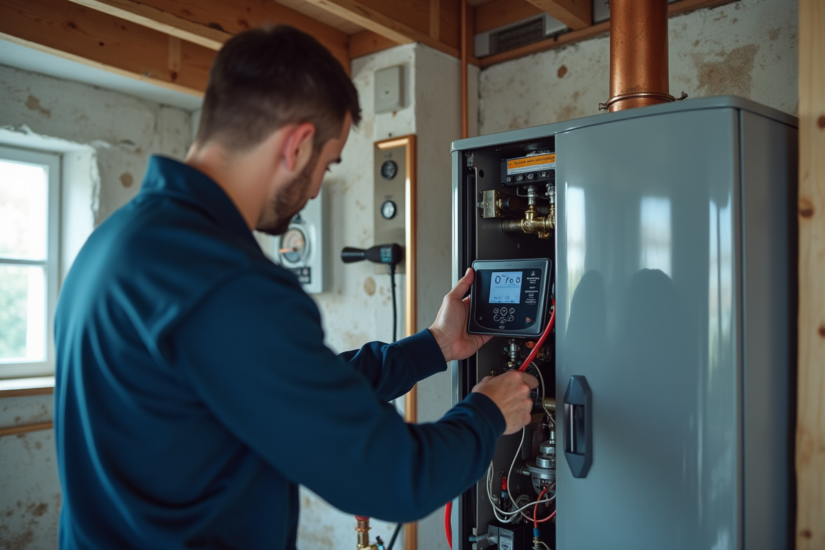 Technicien vérifiant une chaudière gaz dans une pièce lumineuse