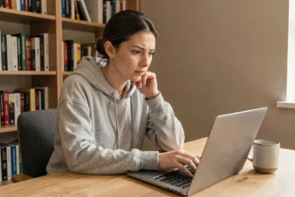 Femme utilisant un ordinateur portable pour télécharger des ebooks en toute sécurité depuis un site web