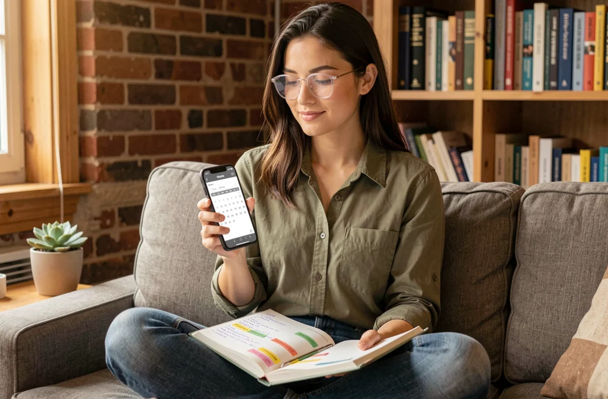 Jeune femme en télétravail vérifiant les semaines impaires 2026 sur son smartphone et son agenda personnel depuis son canapé