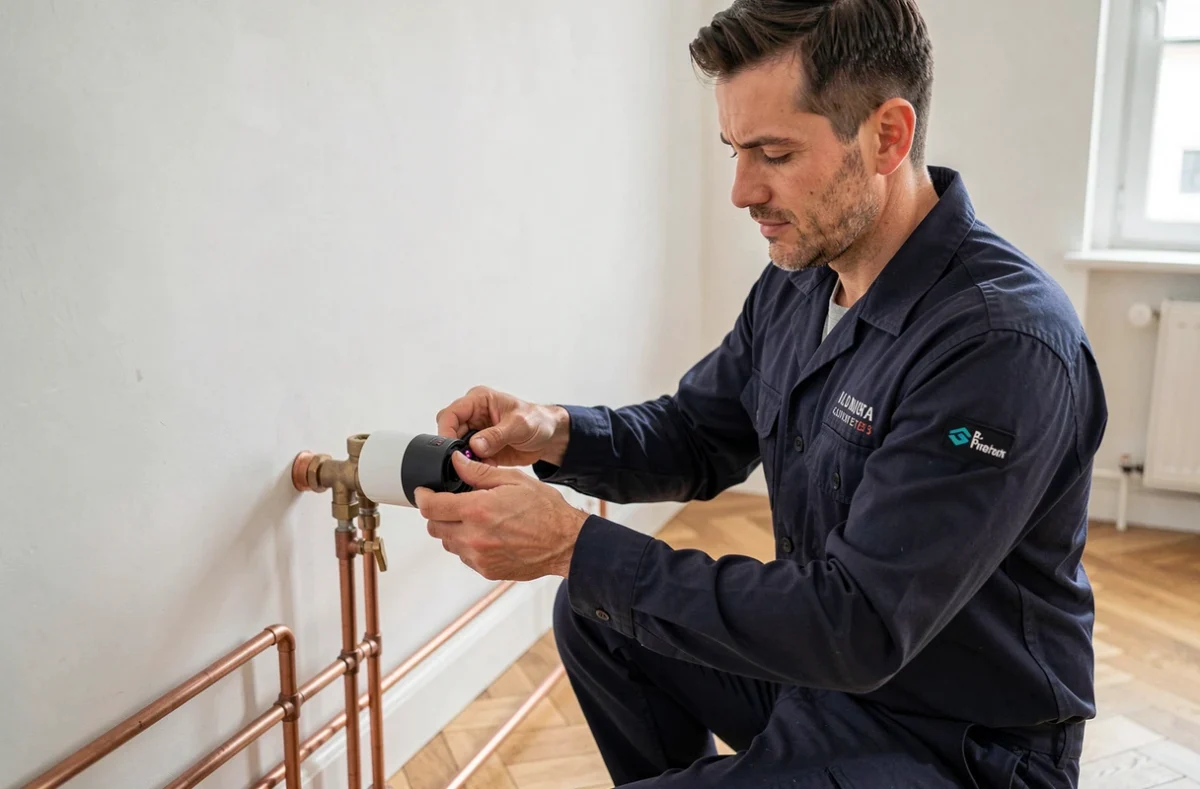 Technicien Thermiconfort réglant un radiateur thermostatique dans un appartement moderne à Nice