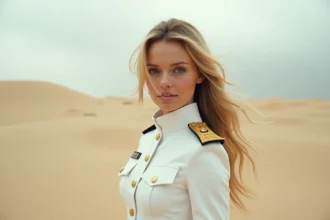 Femme en uniforme militaire blanc avec galons dorés dans un désert, symbolisant l'autorité et la loyauté absolue de Tia Halibel
