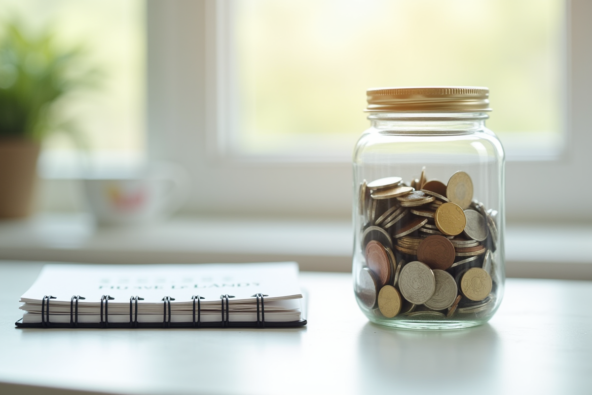 Tirelire avec pièces et billets sur une table blanche avec un carnet d