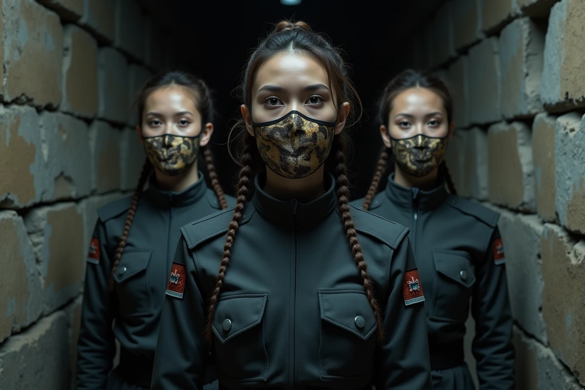 Trois femmes en uniforme tactique sombre dans un couloir en pierre, représentant les Tres Bestias unies par une loyauté indéfectible
