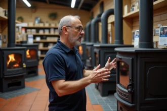 Vendeur conseillant un client devant un poêle à bois dans un magasin spécialisé en chauffage