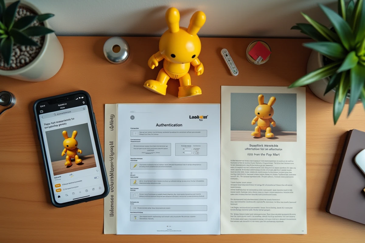 Vue de dessus d'un bureau avec figurine Labubu originale, emballage scellé, checklist d'authentification et smartphone affichant la référence officielle