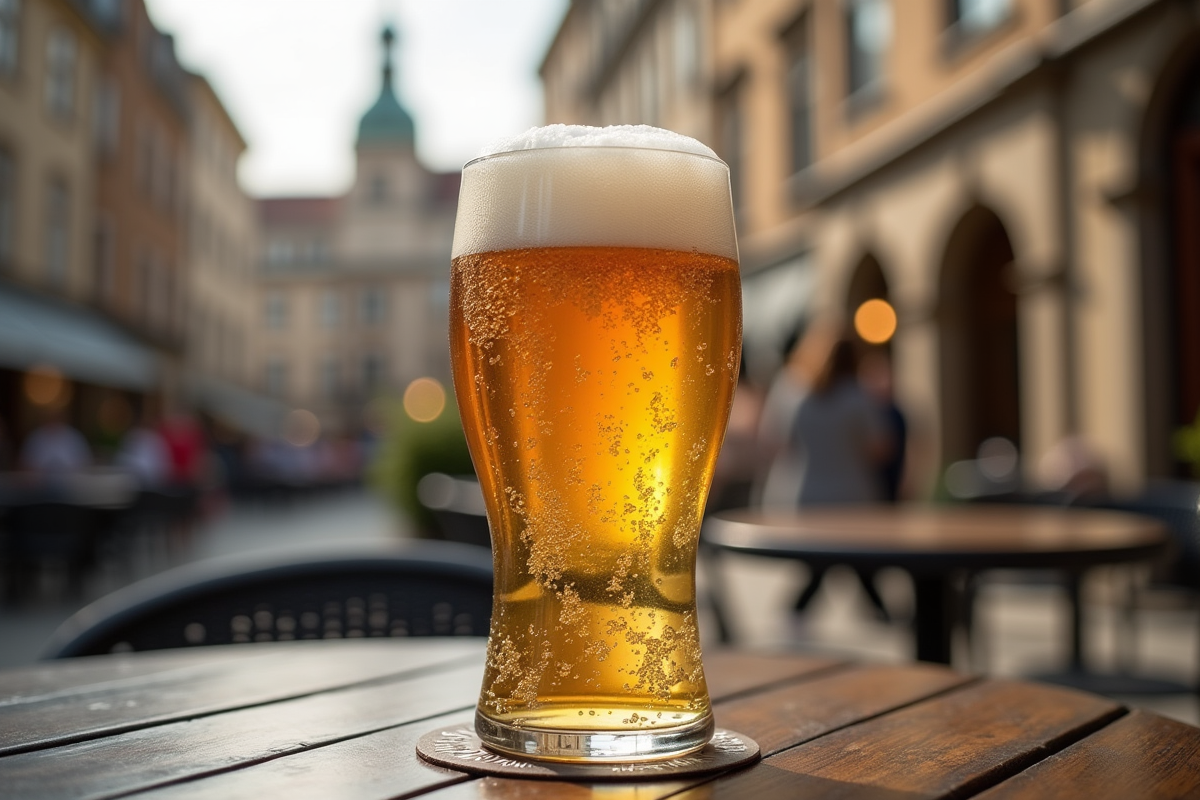 Gros plan sur une bière belge fraîche dans un verre unique avec mousse et condensation