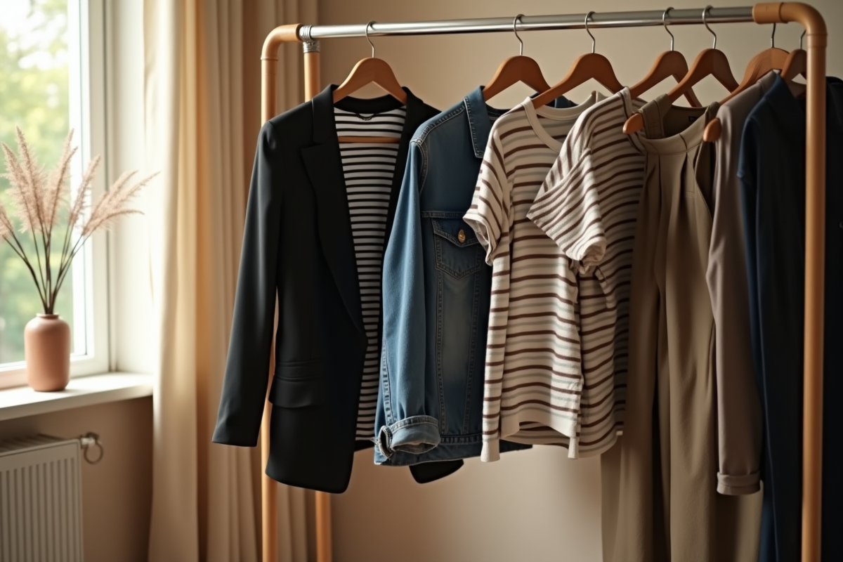 Vêtements essentiels pour femmes dans une chambre lumineuse