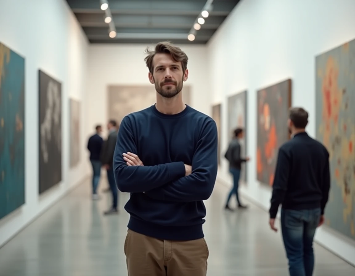 Homme se ressourçant dans une galerie d'art contemporain à Paris après sa journée de travail