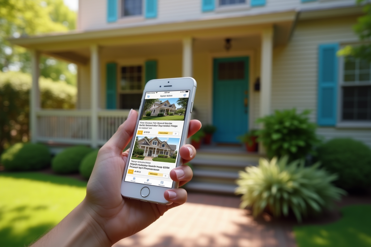 Personne tenant smartphone avec annonces immobilières